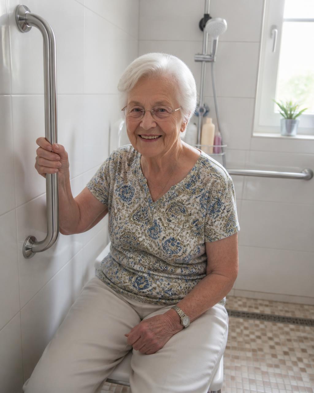 Frau Schneider in ihrem neuen barrierefreien Bad
